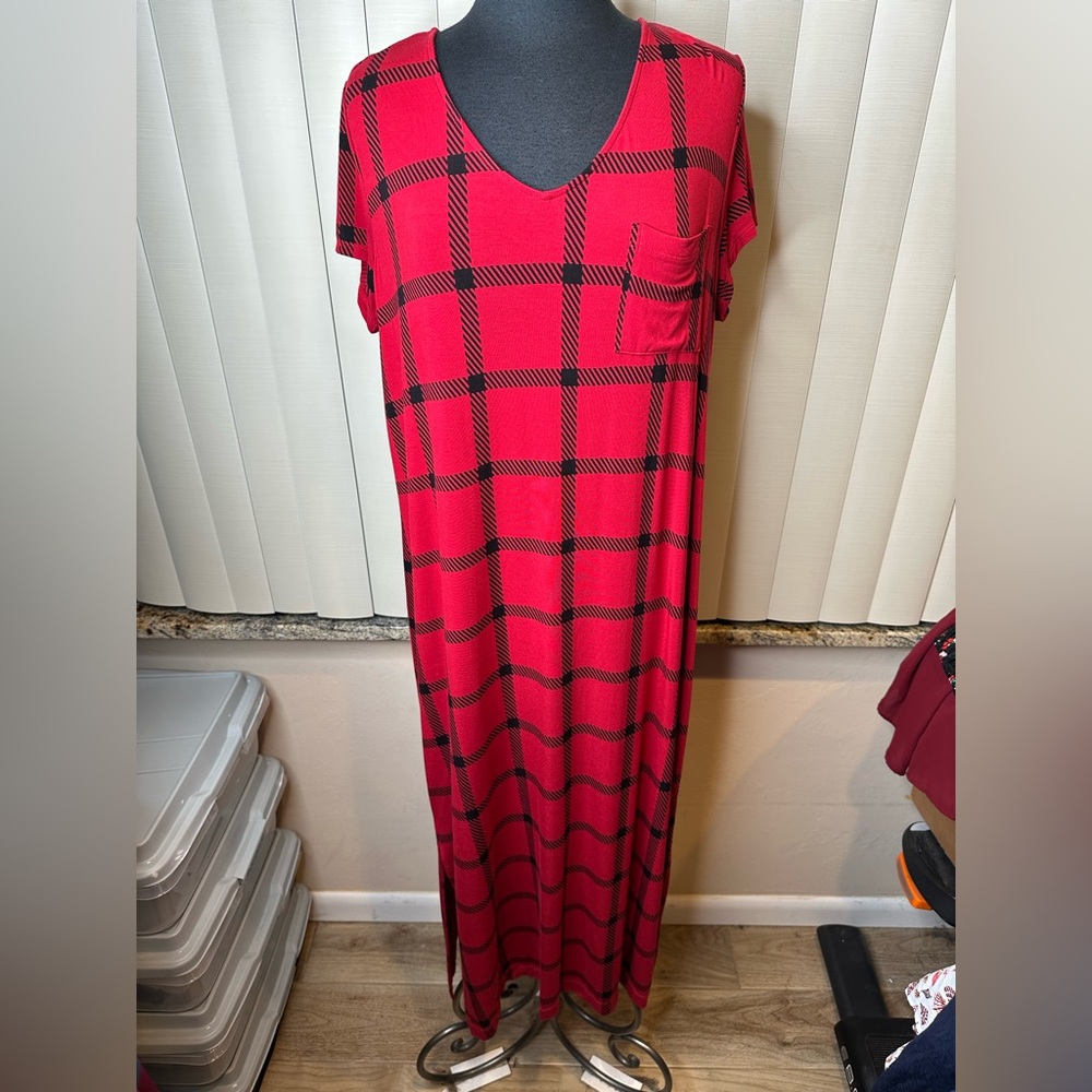 Soma Live Lounge Red Black Plaid Relaxed Jersey Maxi Lagenlook Dress Size Large